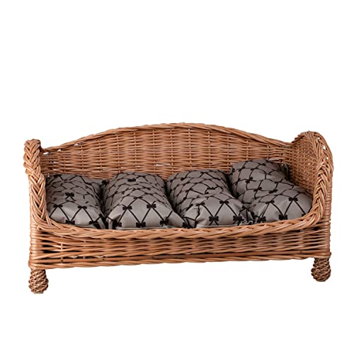 e-wicker24 Tierkorb/HundekorbEin Lager aus Weide für einen Hund/eine Katze mit einem weichen Kissen, EIN Liegestuhl für Tiere, Katzenlager/Hundlager, Hundebett/Katzenbett (54x32 H25, Beige) von e-wicker24