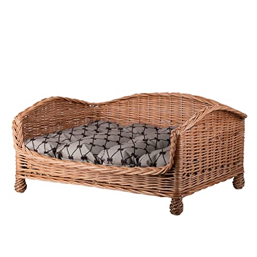 e-wicker24 Tierkorb/HundekorbEin Lager aus Weide für einen Hund/eine Katze mit einem weichen Kissen, EIN Liegestuhl für Tiere, Katzenlager/Hundlager, Hundebett/Katzenbett (64x42 H35, Beige) von e-wicker24