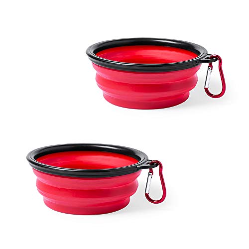 eBuyGB Tragbarer Faltbarer Pop-Up-Silikon-Fressnapf für Hunde und Katzen, mit Metall-Karabiner, 450 ml, 2 Stück (rot) von eBuyGB