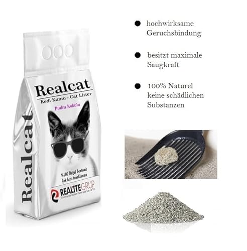 Katzenstreu Realcat |Cat Litter |Marsaille Duft |Babypuder Duft |feines Klumpstreu |maximale Saugkraft |Naturprodukt aus Bentonit |stark klumpend |Saubere Wohnung |neutralisiert Gerüche |staubarm von ealcat kedi kumu-cat litter