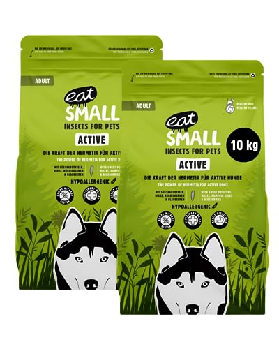 EAT SMALL Active Hundefutter 2X10 kg, Trockenfutter mit Insekten, nachhaltig, hypoallergen, Adult, für aktive Hunde bis 25 kg, Alleinfutter, unterstützt Gelenke sowie Muskulatur und Ausdauer von eat small