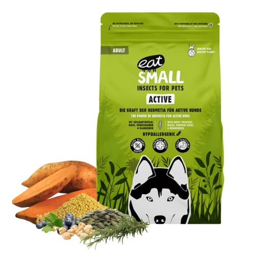 EAT SMALL Active Hundefutter 3x2 kg, Trockenfutter mit Insekten, nachhaltig, hypoallergen, Adult, für aktive Hunde bis 25 kg, Alleinfutter, unterstützt Gelenke sowie Muskulatur und Ausdauer von eat small