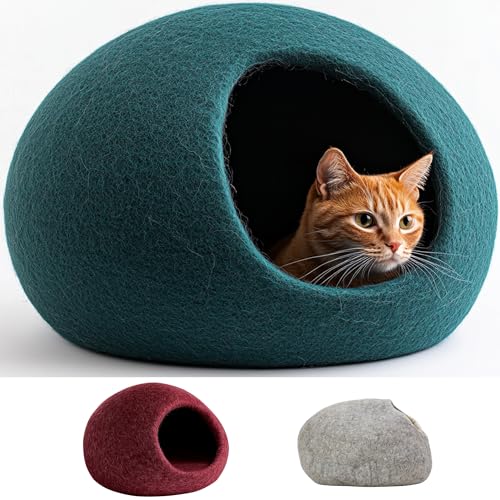 ecocasa Katzenhöhle Katzenbett Katzenhaus XL – auch für große Katzen – außen robust & innen kuschelig weich – handgemacht aus neuseeländischer Wolle - waschmaschinenfest (Petrol) von ecocasa