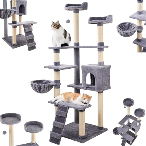 Ecosa® XXL Katzen Kratzbaum groß 170cm Katzenbaum Kletterturm Kletterbaum für Grosse Katzen stabil mit Mehreren Plattformen Katzenhöhle Hängematte Aktivitätskratzbäum mehrstöckiger Katzenkratzbaum von ecosa