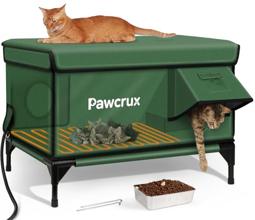 Beheizte Katzenhäuser für Outdoor-Katzen, wasserdicht, isoliert, Outdoor-Katzenhaus mit Heizkissen, wetterfest, erhöht, beheiztes Katzenhaus für draußen für streunende Stallkätzchen (Grün, Größe L) von eekkii