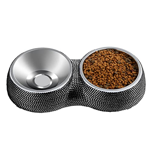 eing Dog Bowls Double Dog Water and Food Bowls Stainless Steel Bowls with Non-Slip Resin Station and Bling Rhinestones, Pet Feeder Bowls for Puppy Medium Dogs Cats Puppy Pets,Black von eing