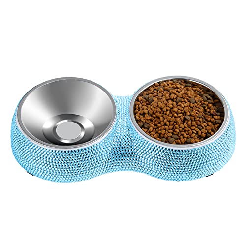 eing Dog Bowls Double Dog Water and Food Bowls Stainless Steel Bowls with Non-Slip Resin Station and Bling Rhinestones, Pet Feeder Bowls for Puppy Medium Dogs Cats Puppy Pets,Blue von eing