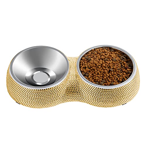 eing Dog Bowls Double Dog Water and Food Bowls Stainless Steel Bowls with Non-Slip Resin Station and Bling Rhinestones, Pet Feeder Bowls for Puppy Medium Dogs Cats Puppy Pets,Gold von eing