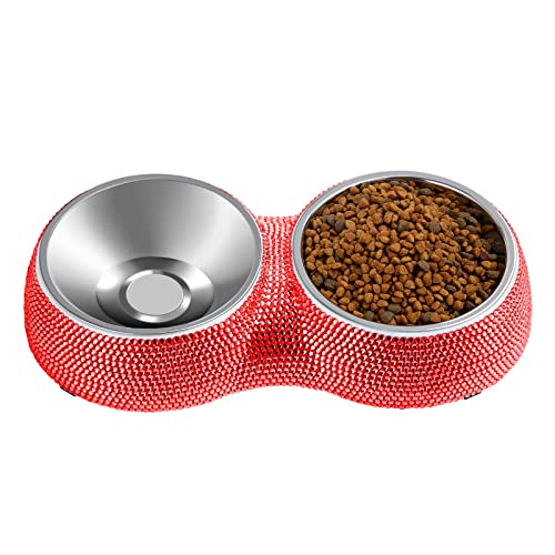 eing Dog Bowls Double Dog Water and Food Bowls Stainless Steel Bowls with Non-Slip Resin Station and Bling Rhinestones, Pet Feeder Bowls for Puppy Medium Dogs Cats Puppy Pets,Red von eing