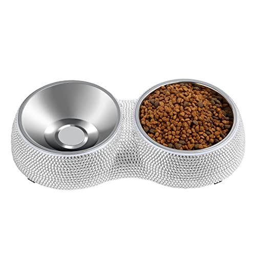 eing Dog Bowls Double Dog Water and Food Bowls Stainless Steel Bowls with Non-Slip Resin Station and Bling Rhinestones, Pet Feeder Bowls for Puppy Medium Dogs Cats Puppy Pets,White von eing