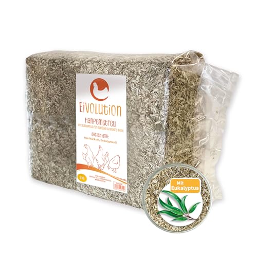 eivolution Hanfeinstreu mit Eukalyptus 3 KG - Für Hühner, Nager wie Meerschweinchen und Kaninchen & Pferde - Extrem Saugfähig - Staubarm - Für EIN gutes Stallklima von eivolution