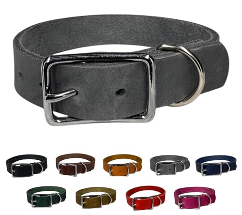 Hunde Halsband Fettleder Silber/XS - XXL für kleine & große Hunde/verstellbar/Flaches Halsband in verschiedenen Breiten (Grau, XS (27-33cm) Breite: 15mm) von elropet
