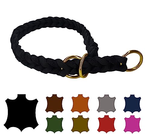 Hundehalsband Fettleder/Halsband ZugStopp Messing/kleine Hunde & große Hunde / 15mm / 20mm / 25mm / XXS - XL (30 Breite: 15mm, Schwarz) von elropet