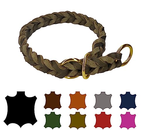 Hundehalsband Fettleder/Halsband ZugStopp Messing/kleine Hunde & große Hunde / 15mm / 20mm / 25mm / XXS - XL (30 Breite: 25mm, Olivegrün) von elropet