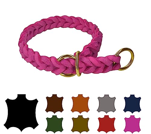 Hundehalsband Fettleder/Halsband ZugStopp Messing/kleine Hunde & große Hunde / 15mm / 20mm / 25mm / XXS - XL (30 Breite: 25mm, Pink) von elropet