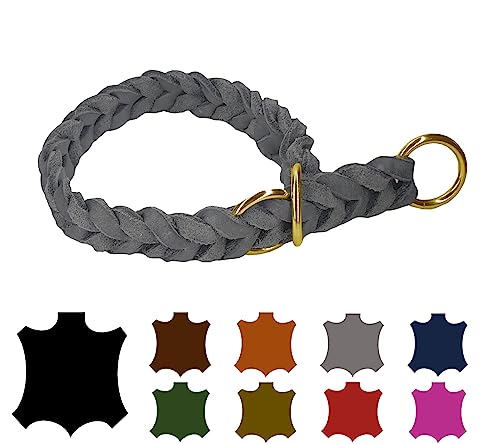 Hundehalsband Fettleder/Halsband ZugStopp Messing/kleine Hunde & große Hunde / 15mm / 20mm / 25mm / XXS - XL (45 Breite: 15mm, Grau) von elropet