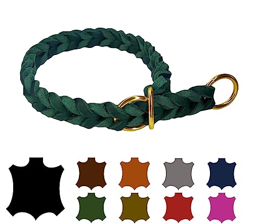 Hundehalsband Fettleder/Halsband ZugStopp Messing/kleine Hunde & große Hunde / 15mm / 20mm / 25mm / XXS - XL (55 Breite: 15mm, Tannengrün) von elropet