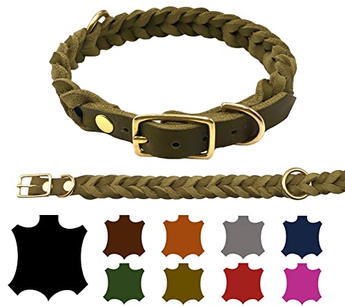 Hundehalsband Fettleder große Hunde verstellbar Messing handgeflochten Made IN Germany Lederhalsband (S 32cm-38cm Breite:25mm, Olivegrün) von elropet