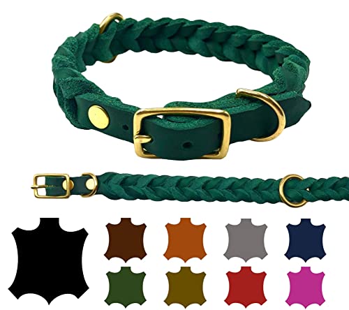 Hundehalsband Fettleder große Hunde verstellbar Messing handgeflochten Made IN Germany Lederhalsband (XL 47cm-53cm Breite:25mm, Tannengrün) von elropet