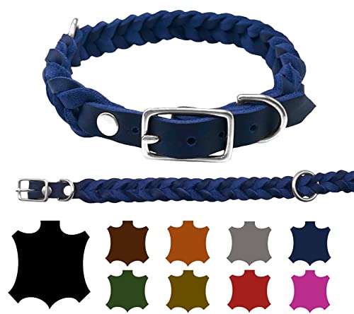 Hundehalsband Fettleder kleine Hunde/große Hunde verstellbar handgeflochten Made IN Germany (L 42cm-48cm Breite:20mm, Marineblau) von elropet