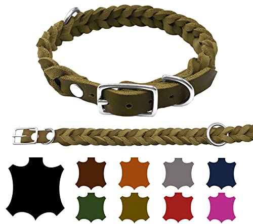 Hundehalsband Fettleder kleine Hunde/große Hunde verstellbar handgeflochten Made IN Germany (XL 47cm-53cm Breite:25mm, Olivegrün) von elropet