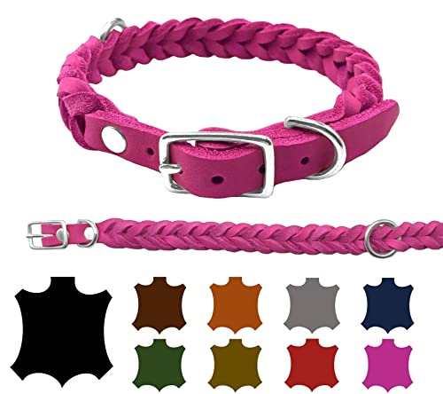 Hundehalsband Fettleder kleine Hunde/große Hunde verstellbar handgeflochten Made IN Germany (XL 47cm-53cm Breite:25mm, Pink) von elropet