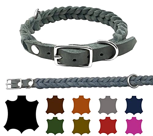 Hundehalsband Fettleder kleine Hunde/große Hunde verstellbar handgeflochten Made IN Germany (XS 27cm-33cm Breite:15mm, Grau) von elropet