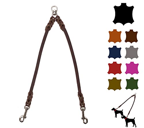 Doppelleine für 2 Hunde/Koppelleine Fettleder/Verbindungsleine Kleine und Große Hunde (35cm Breite: 12mm, Braun) von elropet