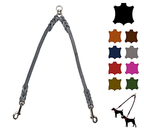 Hundeleine Doppelleine für 2 Hunde/Koppelleine Fettleder/Verbindungsleine kleine Hunde/große Hunde (45cm Breite: 12mm, Grau) von elropet