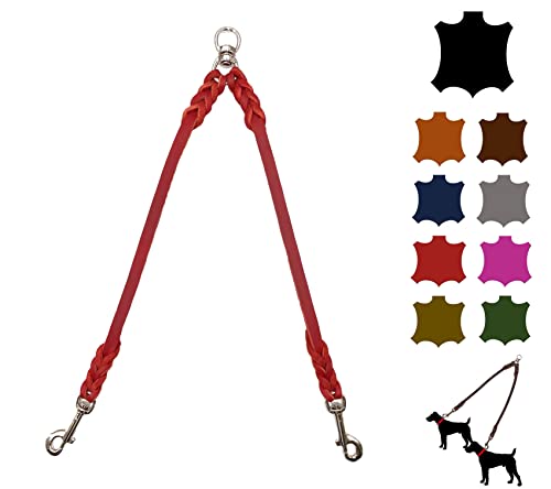 Hundeleine Doppelleine für 2 Hunde/Koppelleine Fettleder/Verbindungsleine kleine Hunde/große Hunde (45cm Breite: 8mm, Rot) von elropet