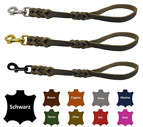 Hundeleine Fettleder/Kurzführer Leder handgeflochten für mittlere und große Hunde (Olivegrün, 40cm Haken: Edelstahl (Silber)) von elropet