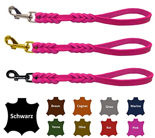 Hundeleine Fettleder/Kurzführer Leder handgeflochten für mittlere und große Hunde (Pink, 40cm Haken: Schwarz) von elropet