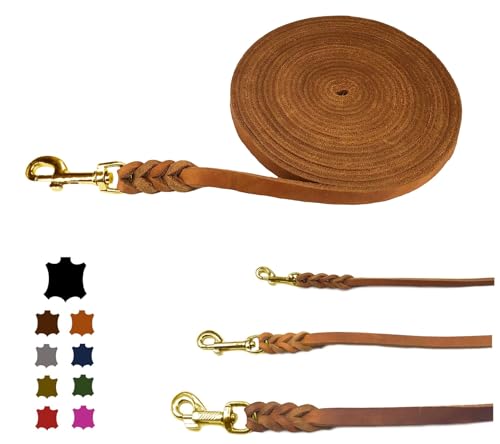 Hundeleine Fettleder/Schleppleine Leder Messing/Lederleine kleine Hunde & große Hunde / 2m / 3m / 5m / 10m / 15m /20m (Cognac OHNE Handschlaufe, 7,5m / 15mm) von elropet