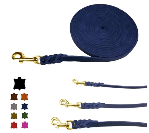 Hundeleine Fettleder/Schleppleine Leder Messing/Lederleine kleine Hunde & große Hunde / 2m / 3m / 5m / 10m / 15m /20m (Marine OHNE Handschlaufe, 5m / 15mm) von elropet
