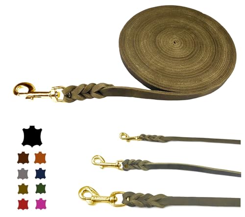 Hundeleine Fettleder/Schleppleine Leder Messing/Lederleine kleine Hunde & große Hunde / 2m / 3m / 5m / 10m / 15m /20m (Olive OHNE Handschlaufe, 5m / 15mm) von elropet