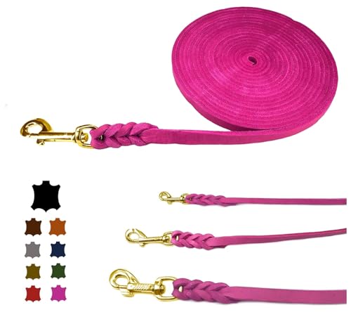 Hundeleine Fettleder/Schleppleine Leder Messing/Lederleine kleine Hunde & große Hunde / 2m / 3m / 5m / 10m / 15m /20m (Pink MIT Handschlaufe, 15m / 12mm) von elropet