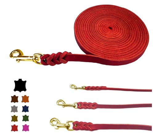 Hundeleine Fettleder/Schleppleine Leder Messing/Lederleine kleine Hunde & große Hunde / 2m / 3m / 5m / 10m / 15m /20m (Rot MIT Handschlaufe, 15m / 12mm) von elropet