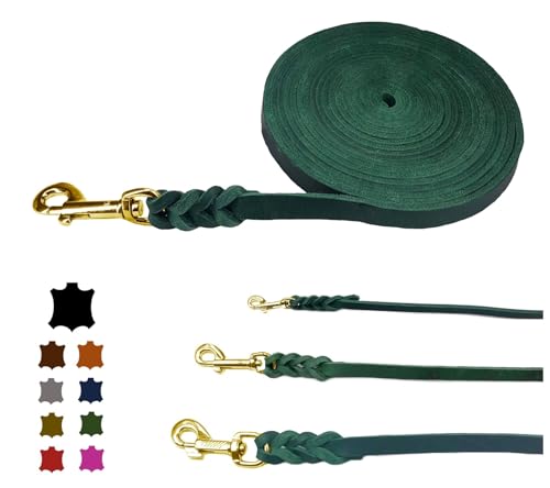 Hundeleine Fettleder/Schleppleine Leder Messing/Lederleine kleine Hunde & große Hunde / 2m / 3m / 5m / 10m / 15m /20m (Tanne MIT Handschlaufe, 10m / 8mm) von elropet