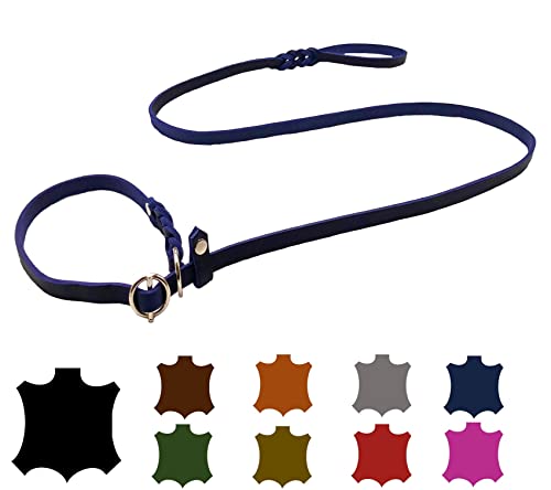 Hundeleine Fettleder Agility/Retrieverleine mit Zugstopp/Moxonleine für kleine Hunde/große Hunde (1,70m X 8mm, Marineblau) von elropet