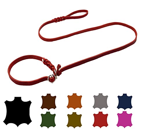 Hundeleine Fettleder Agility/Retrieverleine mit Zugstopp/Moxonleine für kleine Hunde/große Hunde (1,30m X 12mm, Rot) von elropet