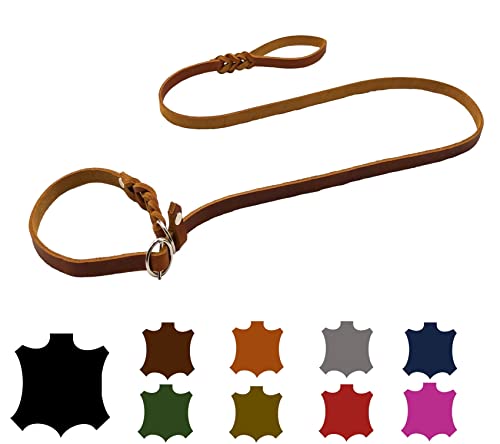 Hundeleine Fettleder Agility/Retrieverleine mit Zugstopp/Moxonleine für kleine Hunde/große Hunde (1,70m X 8mm, Cognac) von elropet