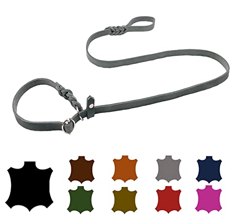 Hundeleine Fettleder Agility/Retrieverleine mit Zugstopp/Moxonleine für kleine Hunde/große Hunde (1,70m X 8mm, Grau) von elropet