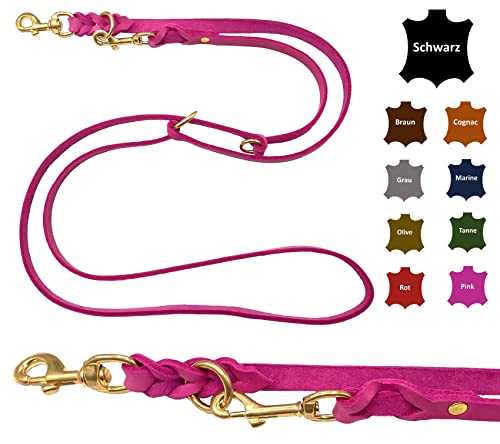 Hundeleine Fettleder Messing kleine Hunde/große Hunde 2m / 2,40m / 2,80m / 3,50m / 5m Doppelleine verstellbar (3,50m X 15mm, Pink) von elropet