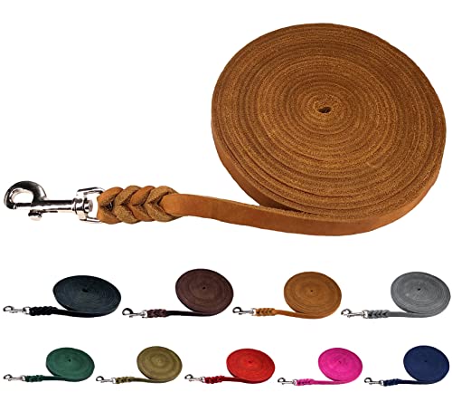 Hundeleine Fettleder Schleppleine kleine Hunde/Schleppleine große Hunde 3m / 5m / 10m / 15m / 20m Lederleine (Cognac MIT Handschlaufe, 20m / 8mm) von elropet