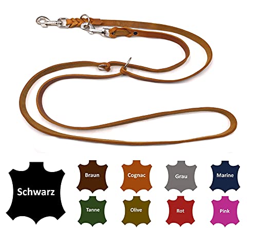 Hundeleine Fettleder kleine Hunde/große Hunde 2m / 2,40m / 2,80m / 3,50m / 5m Doppelleine verstellbar (2,40m X 15mm, Cognac) von elropet