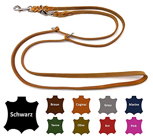 Hundeleine Fettleder kleine Hunde/große Hunde 2m / 2,40m / 2,80m / 3,50m / 5m Doppelleine verstellbar (5m X 12mm, Cognac) von elropet