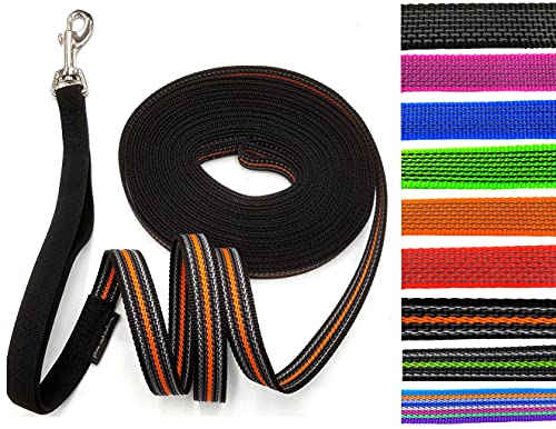 Schleppleine gummiert MIT RUCKDÄMPFER 1m - 30m / 20mm breit/für mittlere und große Hunde MIT/OHNE Handschlaufe (5m MIT Handschlaufe, Schwarz-Ornage gummiert) von elropet