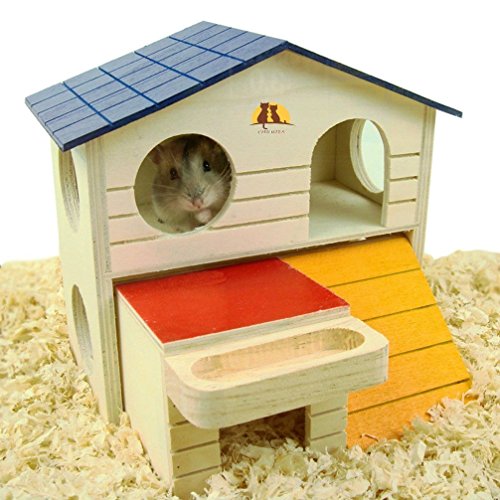 emours - Haus für kleine Tiere wie Hamster, aus Holz, zweistöckig, mit natürlichen Holzspänen von emours