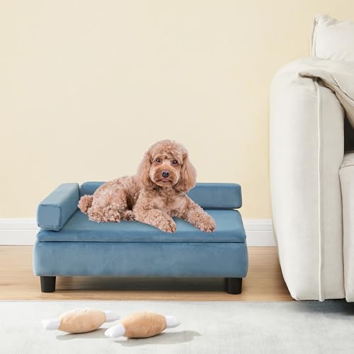 [en.casa] Hundebett Salkonssad Katzenbett mit Staufach Haustierbett 60 x 45 x 24 cm für Hunde und Katzen Kleiner bis mittlerer Größe Hundesofa Katzensofa mit 4 Füßen Samt Blau von [en.casa]