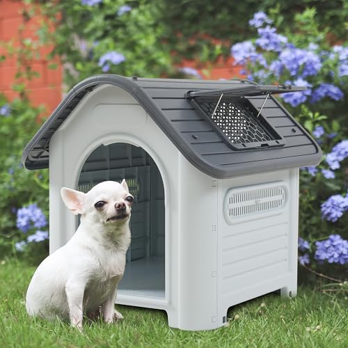 [en.casa] Hundehütte Outdoor Bello Hundehöhle wetterfest Hundehaus mit Dachluke und Lüftungsschlitzen 87 x 72 x 75 cm Kleintierhaus erhöhter Boden Kunststoff Weiß/Grau von [en.casa]